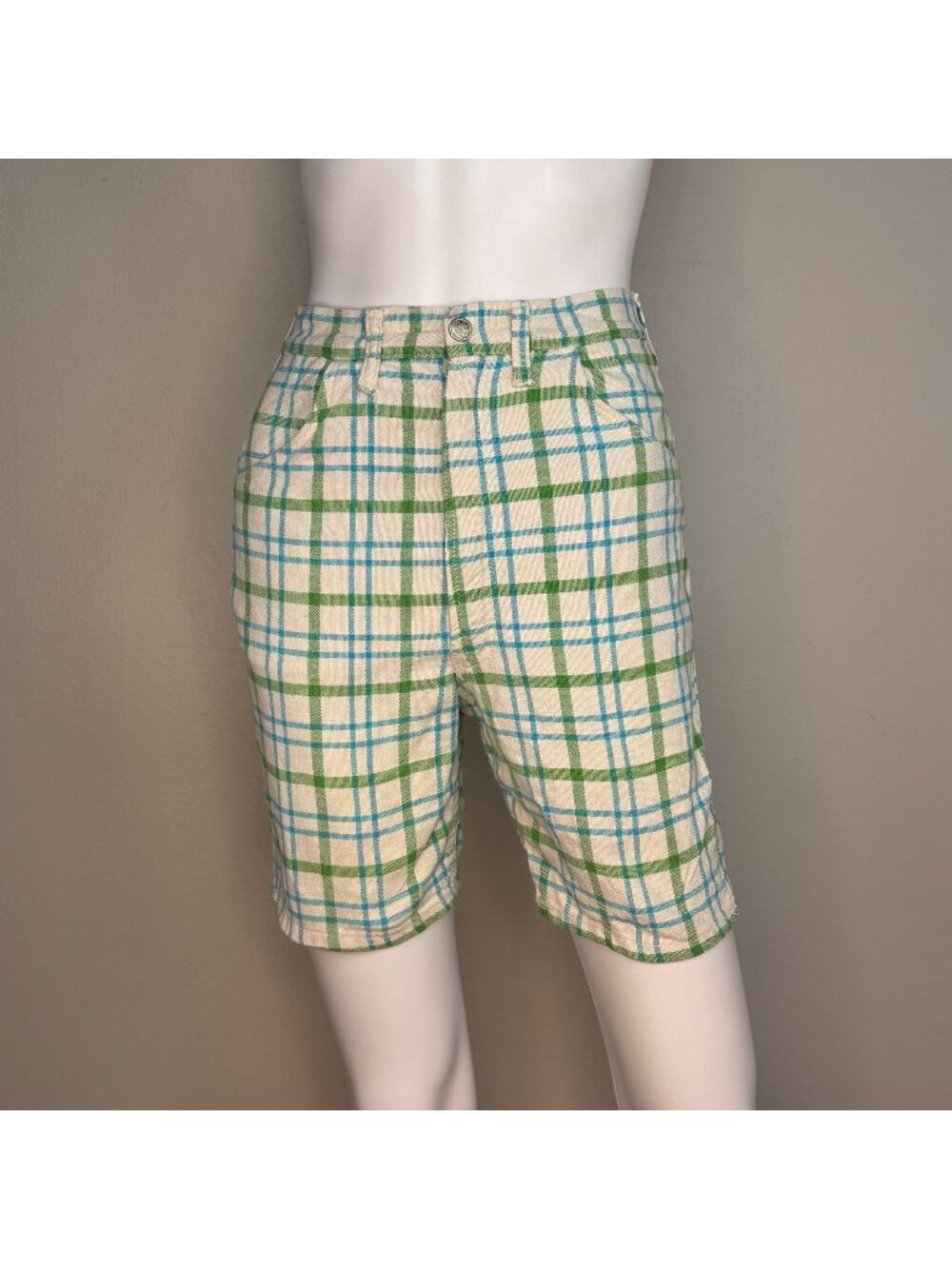 Vintage 1960s/70s Plaid Shorts, Blue Green White, Size XS